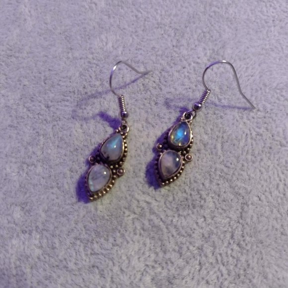 🌜Magical Moonstone! Silver Tone Double Tear Drop Bali Style Boho Hippie Witchy - Picture 5 of 5
